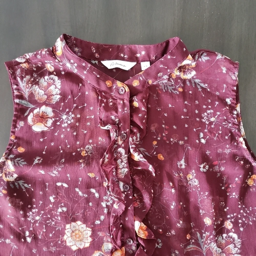 ⭐3/$25⭐ Reitmans Women's Sheer Ruffled Floral Top Size L - Picture 7 of 12